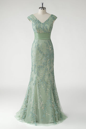 Vert Col V Sirène Appliques Paillettes Cap Manches Robe De Soirée